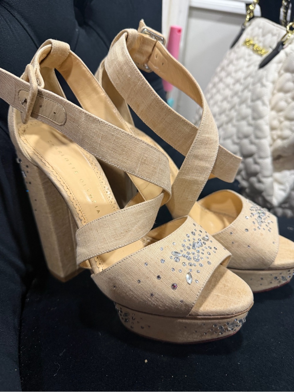 Charlotte Olympia Vero Cuoio Beige Crystal-Embellished Platform Sandals
